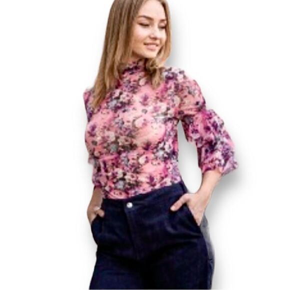 🔴2 for 40🔴 Verte blouse sheer pink floral blouse ruffle sleeve and high neck S. - Picture 1 of 16